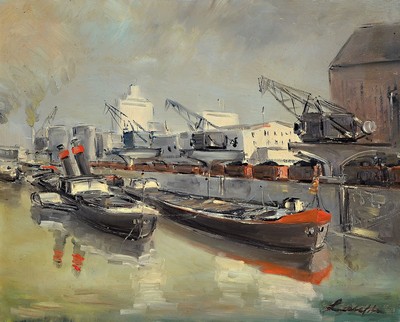 Robert Lauth, 1896-1985 Ludwigshafen, Blick auf den Rheinhafen von Mannheim, Öl/Malkarton, rechts unten signiert, ca. 44x56cm, R.