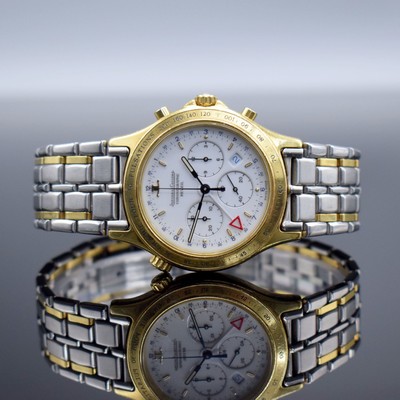 Jaeger-LeCoultre seltener Armbandwecker mit Chronograph Serie Heraion Referenz 116.1.33, Schweiz um 1989, quarz, Geh. massiv GG 750/000 inkl. ...