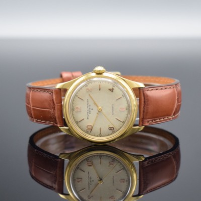 BAUME & MERCIER Herrenarmbanduhr in GG 750/000 Referenz 3102, Hammerautomatik, Schweiz um 1950, Boden verschr., silb. Zifferbl. m. aufgel. Indizes ...
