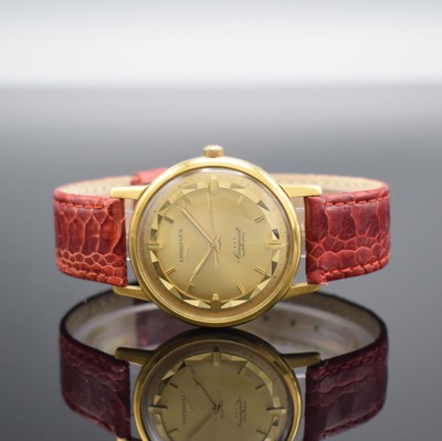 LONGINES Conquest Herrenarmbanduhr in GG 750/000 Referenz 9021 3, Schweiz um 1960, Automatik, Boden m. Emailplakette verschr., ausgefallenes ...