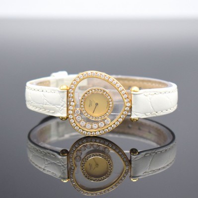 CHOPARD Happy Diamonds Damenarmbanduhr in GG 750/000, Schweiz um 1995, herzförmiges Geh. beids. Saphirvergl., Lünette wie Außenbereich aufw. m. ...