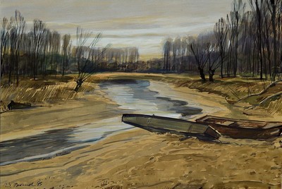 Werner Brand, 1933 Löbau-2021 Hochstadt, Herbstlandschaft mit Fischerbooten am Strand, Aquarell auf Papier, links unten sign. und dat. 95, ca. ...