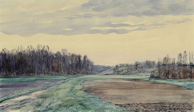 Werner Brand, 1933 Löbau-2021 Hochstadt, Herbstlandschaft mit Wald und Wiese, Aquarell auf Papier, rechts unten sign. und dat. 92 ca. 27x45cm, PP, ...