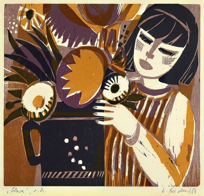 Heinz Friedrich, 1924-2018 Schwetzingen, 2 Farbholzschnitte, Flora, signiert und bez. e.a., ca. 40x43cm, PP, u.Gl., R. ca. 64x64cm, Der Kampfhahn, ...