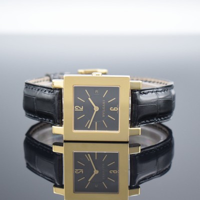 BULGARI Quadrato Damenarmbanduhr in GG 750/000, Schweiz um 2000, quarz, Ref. SQ 29 GL, 2- teil. Geh., Boden 8-fach verschr., orig. Lederband m. orig. ...