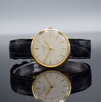 IWC Herrenarmbanduhr Kaliber 401 in GG 750/000, Schweiz um 1963, Handaufzug, 3- teil. Geh., Boden & Glasrand aufgedr., silb. Zifferbl. m. aufges. ...