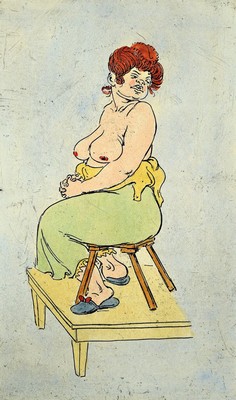 Heinrich Zille, 1858-1929 Berlin, Das Modell, kolorierte Radierung, rückseitig mit Nachlaßstempel in Rot, ca. 26.5x16cm, Blattgr. ca. 66x41cm