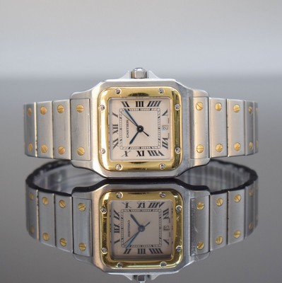 CARTIER Santos Herrenarmbanduhr, Schweiz um 1991, quarz, Edelstahl & Gold komb. inkl. Gliederband m. Faltschl., Goldlünette, Boden 8-fach verschr., ...