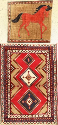 2 Alte Gabbeh(Fragmente), Persien, um 1960,Wolle auf Wolle, ca. 160 x 115 cm,& ca, 90 x 83 cm.