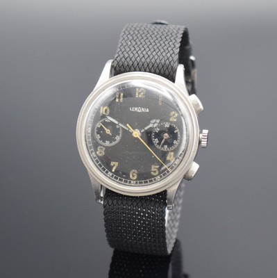 LEMANIA Schaltradchronograph Kaliber 15TL, Handaufzug, Schweiz 1940er Jahre, 3-teil. Edelstahlgeh., Boden & Glasrand aufgedr., schwarzes Zifferbl. m. ...