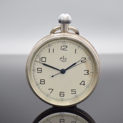 KIROWA russische Deckuhr um 1955, 4-teil., vern. Geh. ber., Boden, Glasrand & Cuv. aufgedr., silb. Metallzifferbl. altersbed. fl., gebl. Zeiger, Anz. ...