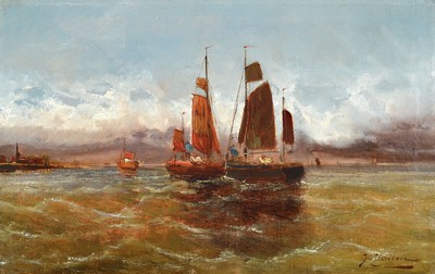 J. Claiton, Pseudonym des Georg Fischhof, 1859-1914, Fischerboote bei aufziehendem Gewitter, Öl/Lwd, rechts unten signiert, ca. 37x58cm