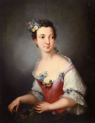 Porträtist, deutsch, um 1780, feines Porträt einer jungen Dame mit Blumenbuketts im Haar, im Dekolleté und in der Hand, feine lasierende Malerei ...
