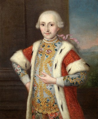 A. Sadeler, Porträtist, datiert 1767, Dreiviertelporträt eines jungen Herrschers mit Gold besticktem Rock und Hermelin besetztem rotem Umhang, vor ...