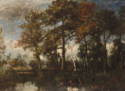 Revol o.ä., französischer Impressionist, Ende 19. Jh., Baum bestandener Kanal mit Angler im Boot, impressionistischer Einfluss der Barbizon-Schule, ...