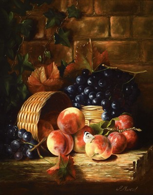 Jürgen Marcel, geb. 1951 Bingen, Stillleben mit Obst, Korb und Schmetterling, stark realistische Malerei im Stil der alten flämischen Meister, ...
