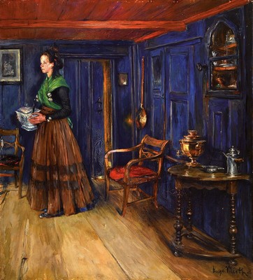 Hugo Mieth, 1865 Reichenberg/Böhmen-1930 Berlin, Interieur mit einer jungen Frau, die eine Suppenterrine trägt, Öl/Lwd, rechts unten signiert, ca. ...