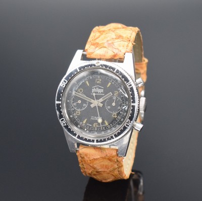 PHILIPPE Herrenarmbanduhr mit Chronograph, Schweiz um 1960, Handaufzug, 2-teil. Geh. in Stahl, Boden geschr., eins. drehb. Lünette, schwarzes ...