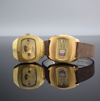 2 vergoldete Armbanduhren mit digitaler Anzeige, Schweiz 1970er Jahre, 1x Handaufzug, 1x Automatik, Böden verschr. & gedr., 1) ARCTOS, gold. ...