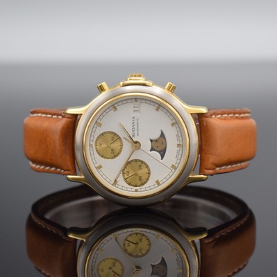 RODANIA Herrenarmbanduhr mit Chronograph & Mondphase, Schweiz um 1985, Automatik, verg. Geh., Boden aufgedr., weißes Zifferbl. m. gold. Ind. & ...