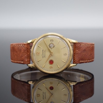 LeCoultre Futurmatic vergoldete Herrenarmbanduhr, Schweiz/USA um 1955, Hammerautomatik, Boden aufgedr., Zeigerst. am Gehäuseboden, silb. Zifferbl. ...