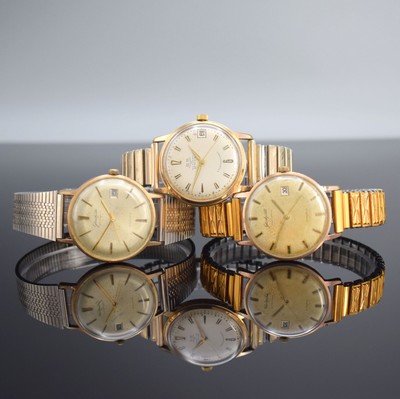 GLASHÜTTE / GUB 3 vergoldete Armbanduhren, Deutschland 1960er Jahre, alle Automatik, 2x Böden aufgedr., 1x Boden verschr., silb. Zifferblätter m. ...
