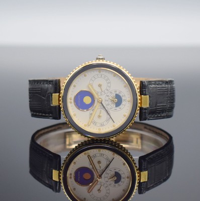 GERALD GENTA Gefica Armbanduhr mit Vollkalender & Wecker in GG 750/000 Referenz G 2778.7, quarz, Boden verschr., Mineralglas, orig. Lederband & GG ...