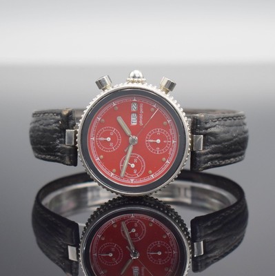 GERALD GENTA Armbandchronograph Gefica in Stahl Referenz G.2989.7, Automatik, Schweiz um 2005, Boden verschr., Lederband m. dopp. Faltschl., rotes ...