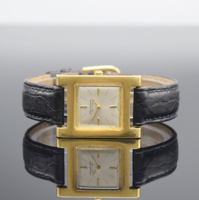 JULES JUERGENSEN Armbanduhr in GG 750/000, Handaufzug, Schweiz um 1968, Carree-Arrondee- Geh., Boden aufgedr., verg. Rundankerw. von AS, Kal. 1193, ...