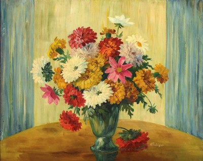 Albert Fiebiger, 1869 Bärenstein - 1910, Studium an der Kunstgewerbeschule Dresden, Blumenstillleben mit Chrysanthemen, Öl/Karten, rechts unten ...