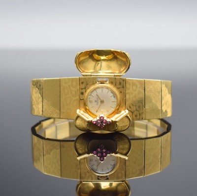 EXQUISIT ausgefallene Damenarmbanduhr in GG 750/000, Handaufzug, Schweiz um 1965, Glasrand aufgedr., aufw. Gliederband m. Kastenschloß & dopp. ...