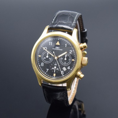 IWC seltene Herrenarmbanduhr "Der Fliegerchronograph" in GG 750/000 Referenz 3740, Schweiz um 1994, Lederband m. orig. GG 750/000 ...