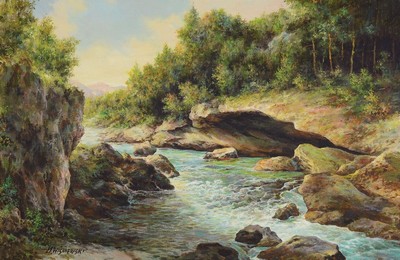 Mieczyslaw Wisniewski, polnischer Künstler, 1925 Warschau - 2006, Gebirgslandschaft mit Bach, Öl/Lwd, li. u. signiert, ca. 75 x 50 cm, Prunkrahmen: ...