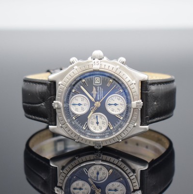 BREITLING Herrenarmbanduhr mit Chronograph, Schweiz um 1990, Automatik, verschr. Edelstahlgeh., eins. drehb. Lünette zu richt., graues Zifferbl. m. ...
