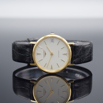 LONGINES Damenarmbanduhr in GG 750/000, Schweiz um 1980, Automatik, Boden aufgedr., neutr. Lederband m. verg. orig. Dornschl., Schmuckkrone, ...