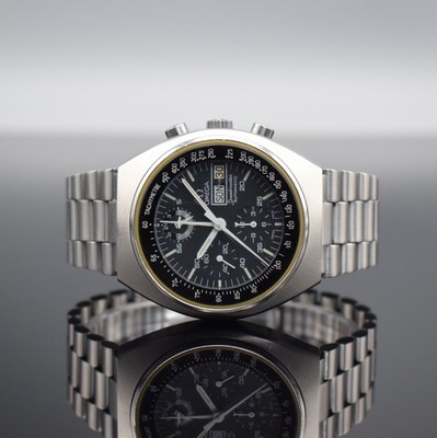 OMEGA Speedmaster Herrenarmbanduhr mit Chronograph in Edelstahl Referenz 176.0012, Schweiz um 1980, Automatik, Boden m. Seamasterlogo geschr., orig. ...