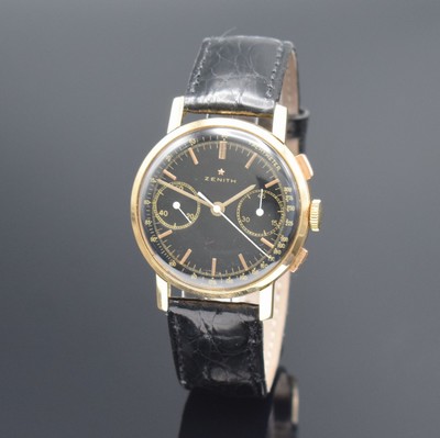 ZENITH Schaltradchronograph in Roségold 750/000, Schweiz um 1958, Handaufzug, Boden aufgedr., neutr. Krone, schwarzes Zifferbl. rest., gold. ...