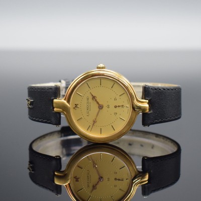ANDRE LE MARQUAND Armbanduhr in GG 750/000, Schweiz um 1990, Handaufzug, Boden aufgedr., orig. Lederband m. verg. Dornschl., gold. Zifferbl. m. gold. ...