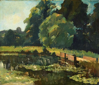 Jos. Delmeir (o.ä.), um 1900/10, Weiher mit Seerosen u. Wehr am Waldrand, impressionistische Auffassung, rechts oben signiert, Öl/Lwd, ohne Rahmen, ...