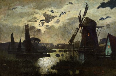 Hans Sorensen-Lund, 1859-1920, dänischer Künstler, nächtliche Boddenlandschaft mit Windmühle u. Booten, verhangener Vollmond, pastoser ...