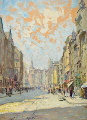 Fritz Stattler, 1867 Pilsen - 1937 München, Studium an den Akademien Wien u. München, wohl belebte Münchener Straßenszene mit Blick auf eine ...
