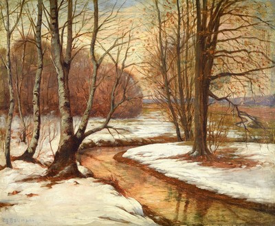 Egon Baumann, deutscher Künstler der 1.Hälfte d. 20.Jh., winterliche Waldlandschaft mit Bachlauf, links unten signiert, Öl/Lwd, R., ca. 78x94 cm