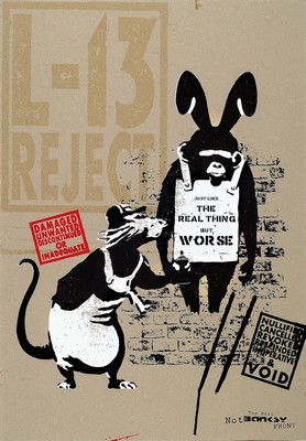 Not by Banksy, "Like the Real Thing But Worse", Farbsiebdruck auf Pappe, 2019, Auflage 175, Zertifikat, unter Glas, Blatt ca. 45x64 cm, ...