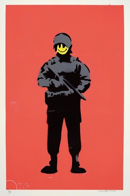 By Not Banksy, "Smiley Copper", Sprühtechnik/dünnem Papier, 2020, sign., Zertifikat, ca. 56x38 cm
