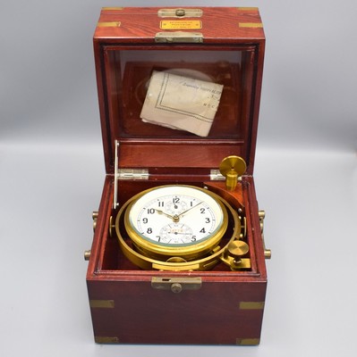 POLJOT Marinechronometer Nr. 14778, UDSSR um 1990, 3-tlg. Holzkasten m. Messingecken, orig. Transportkasten, kardanisch aufgehängtes Messinggeh., ...