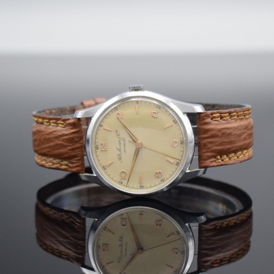 HENRY MOSER & Cie Herrenarmbanduhr, Schweiz um 1950, 3-tlg. verchromtes Geh., Glasrand & Boden aufgedr., schönes matt vers. Zifferbl., rotgold. ...