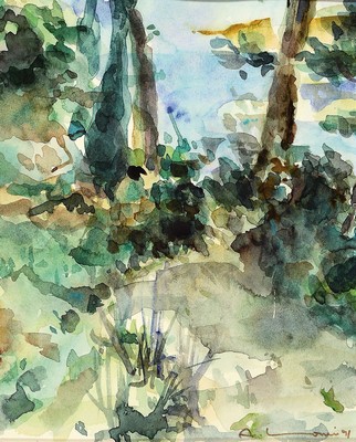 Adrien Moroni, geb. 1943 Monaco, Studium in Nizza, hier: Wald, Aquarell auf Papier, rechts unten signiert und dat. 91, ca. 22x18 cm, PP, R. (ohne ...