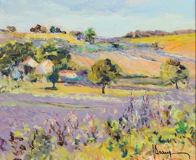 Claude Beaujean, 1921-1997, Lavandes vers Puimoisson alpes de Haute Provence, Öl/Lwd, rechts unten signiert, rückseitig betitelt, ca. 38x46cm, R. ...