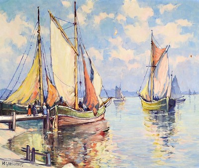 Hans Gleissner, 1880 - 1935 Berlin, Berliner Landschaftsmaler, Segelschiffe im Hafen, Personenstaffage, Kontrastfarbigkeit, links unten signiert, kl. ...