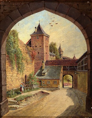 E. Fichtl, datiert 11.10.23, Blick durch ein Stadttor in Rothenburg o.d.Tauber. Seitlich eine Mutter mit Kind. Öl/Malkarton, rechts unten signiert ...